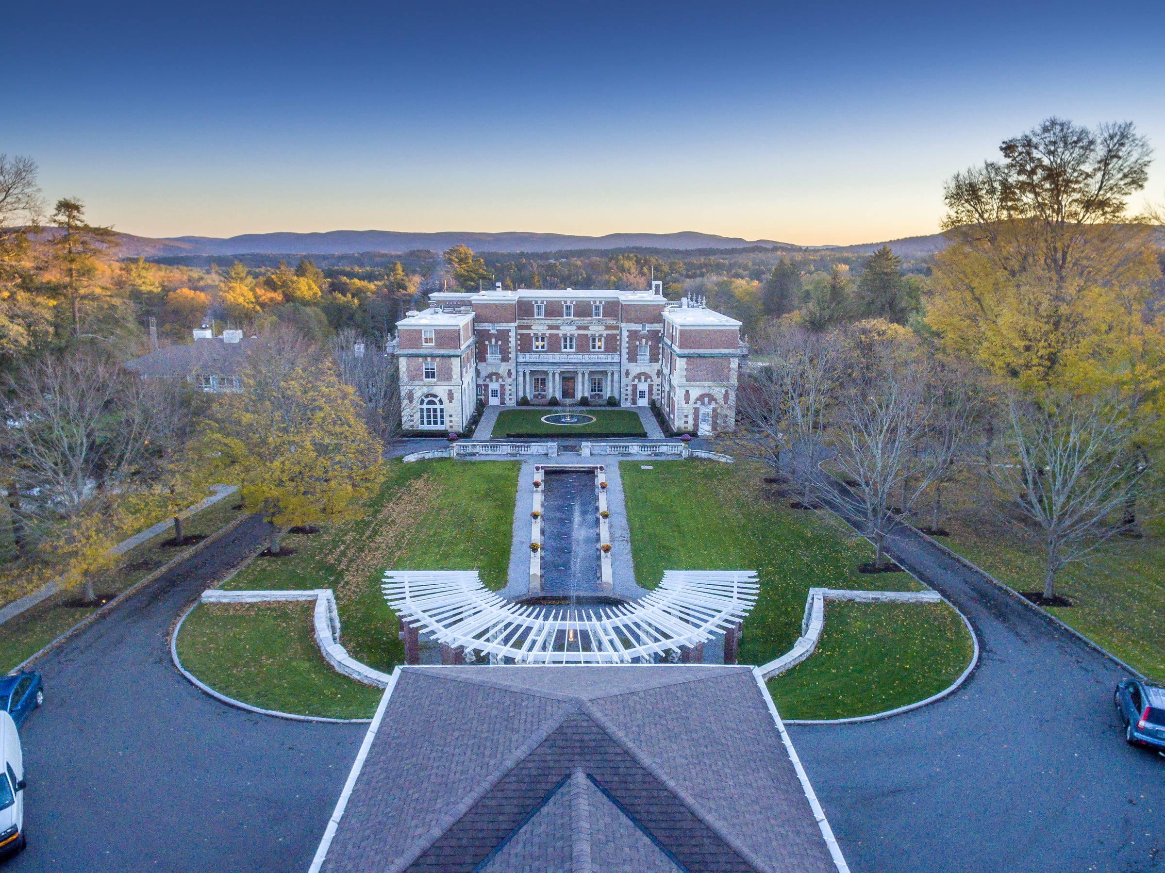 The Bellefontaine mansion at Canyon Ranch Lenox seen from the air, integrative wellness resort in the Berkshires, Massachusetts