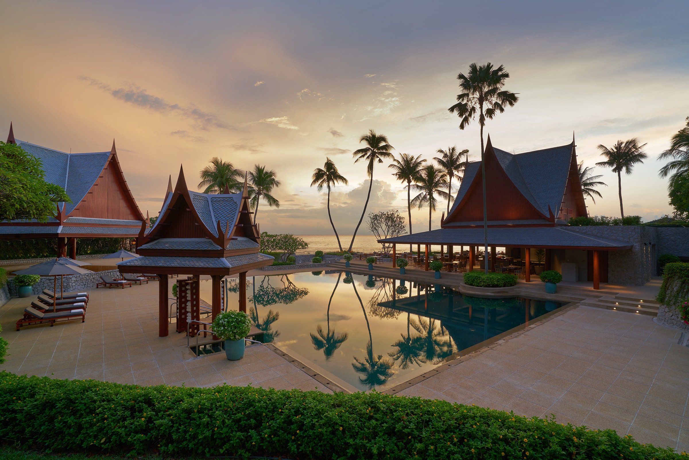 Sunrise over the outdoor pool at Chiva-Som, Hua Hin