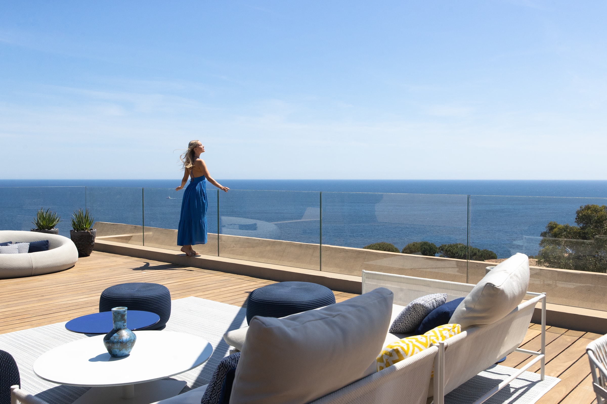 The Suite Taillat terrace at La Réserve Ramatuelle, looking down over Pampelonne and the Mediterranean