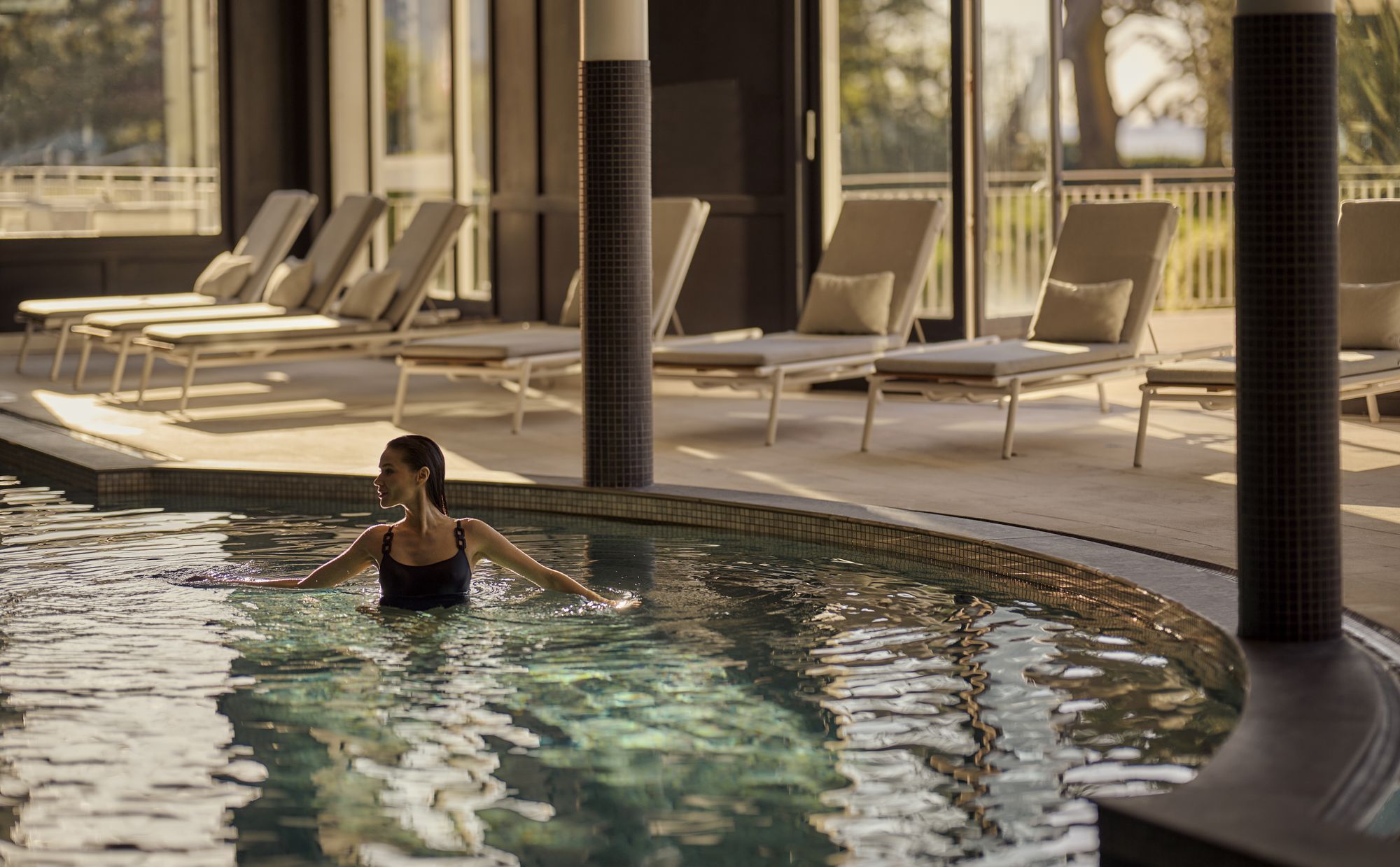 The indoor seawater pool at ORA Longevity Bay, Barrière La Baule