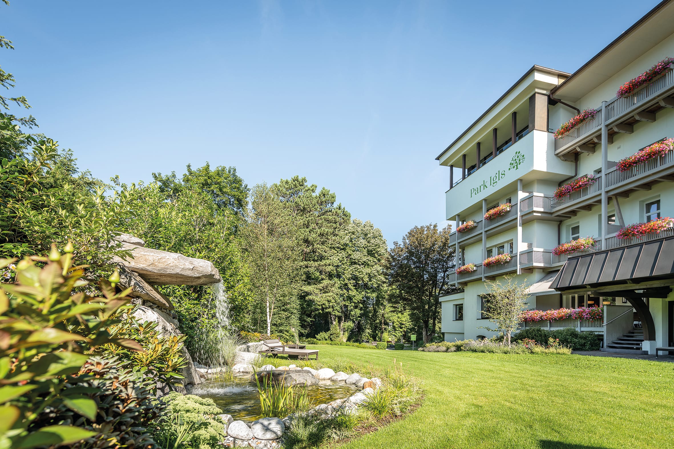 Park Igls medical spa resort seen from its garden in summer, Innsbruck-Igls, Tyrol