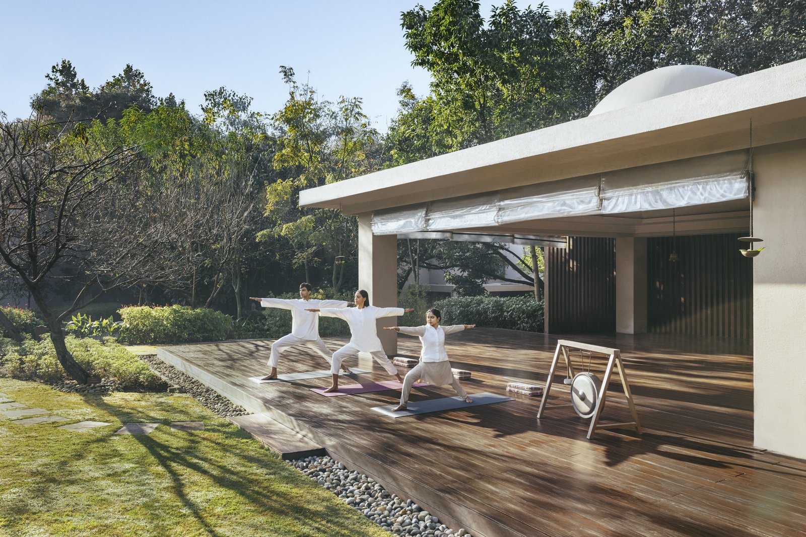 Private yoga session at the outdoor temple platform at Six Senses Vana, Dehradun